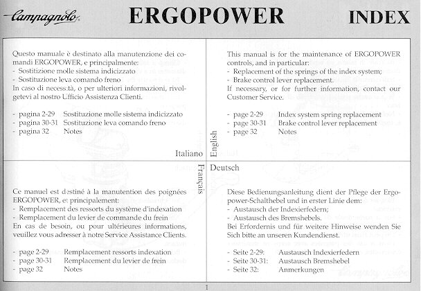 Ergopower Index and Notes (Source: Campagnolo SRL)
